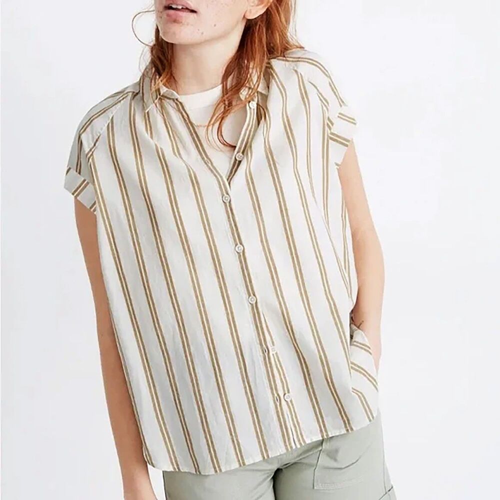 Madewell Oversized Cotton / Linen Short Sleeve Button Down in Bronze Stripe
